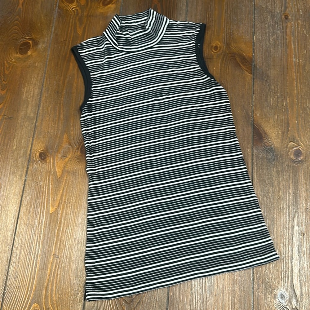 ATM Sleeveless Mock Neck Black and White Striped Top